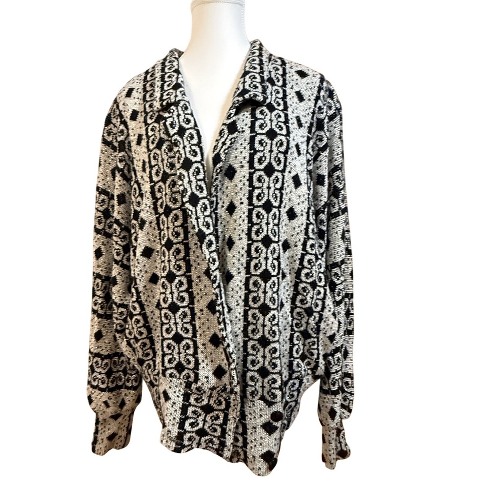 Rondo‎ Casual Cardigan Women L Black White Vintage Geometric Metallic Good